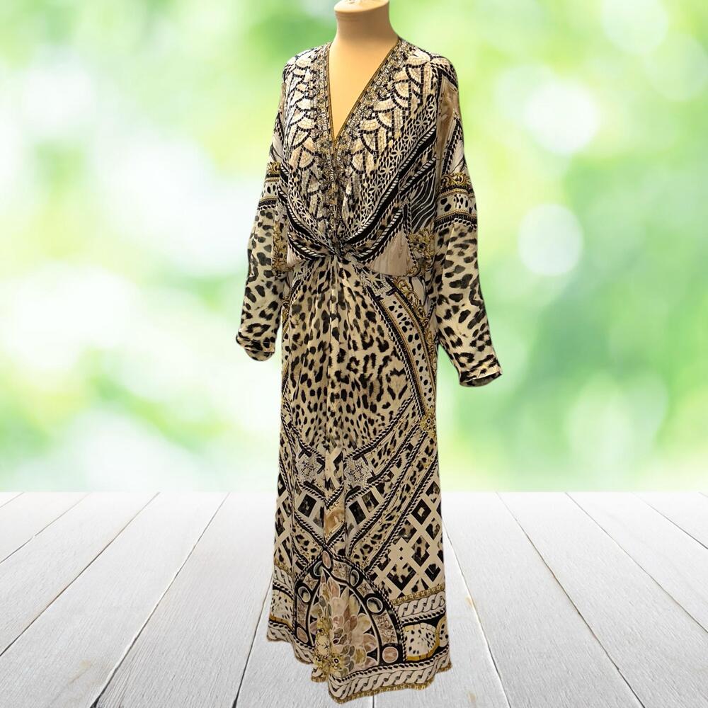 CAMILLA Silk Maxi Dress Beaded Twist Front Mosaic Muse Leopard Resort Size L